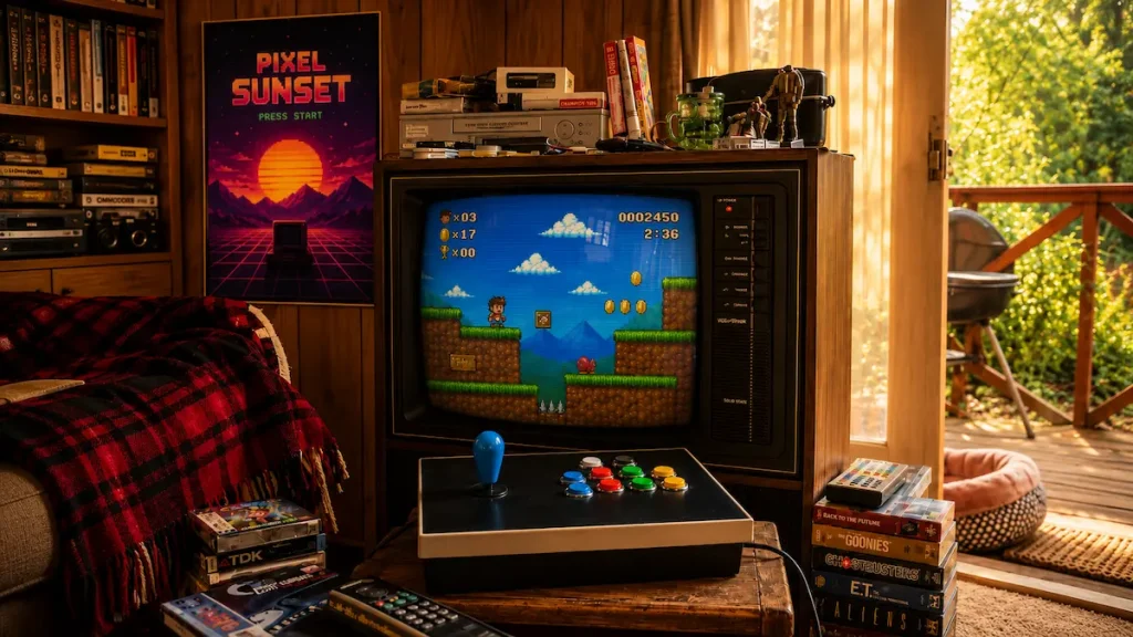 Retro gaming corner with CRT TV, black arcade joystick, pixel sunset poster, and warm nostalgic lighting