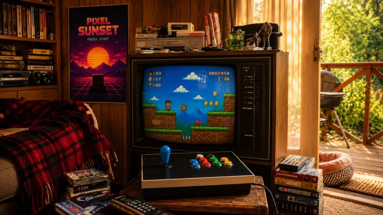 Retro gaming corner with CRT TV, black arcade joystick, pixel sunset poster, and warm nostalgic lighting
