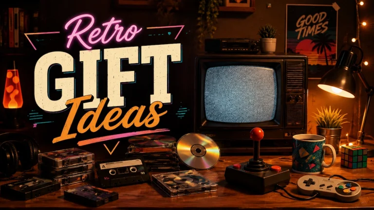 Retro gift ideas with cassette tapes, CDs, old TV, arcade joystick and nostalgic 90s room decor