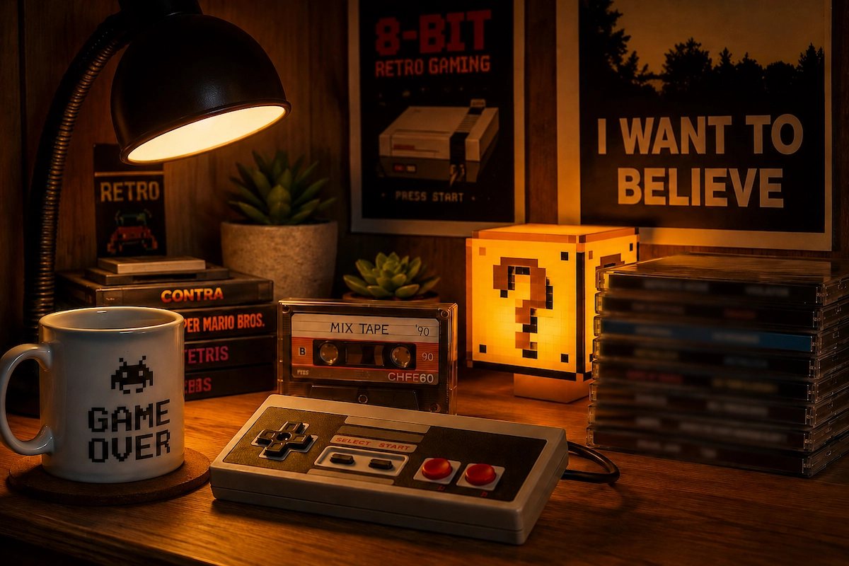 Mali retro pokloni sa gamepadom, šoljom, kasetom i toplom lampom