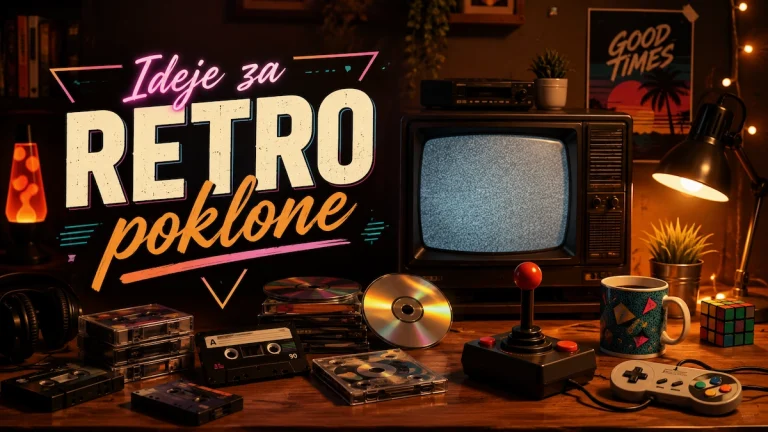 Retro pokloni sa kasetama, CD-ovima, starim televizorom, gamepadom i nostalgičnim detaljima
