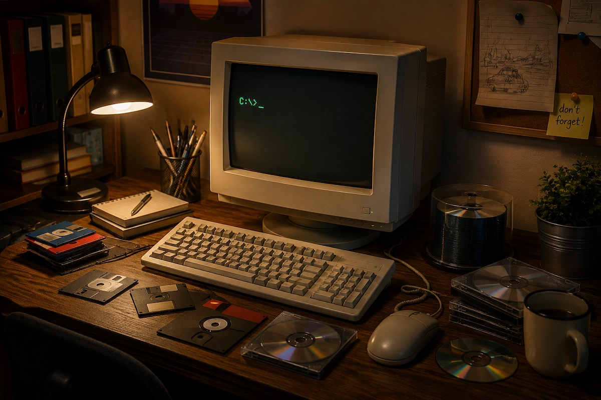 Retro pokloni za ljubitelje starih kompjutera sa CRT monitorom, disketama i toplim svetlom