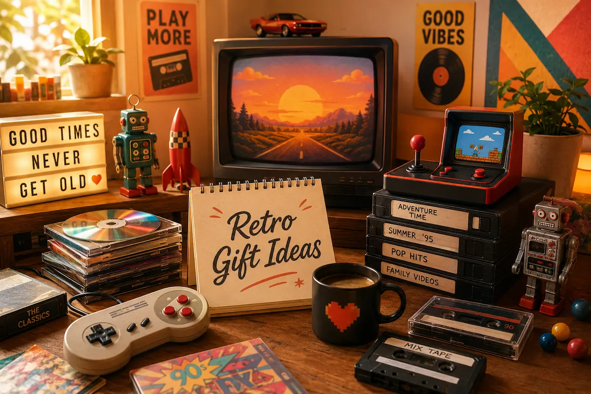 Retro gift ideas and nostalgic products inspired by classic cartoons, old games, VHS tapes, CDs and childhood memories.