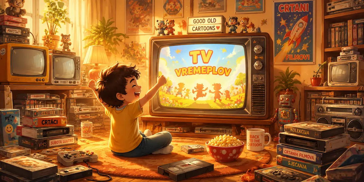 Happy child watching TV Vremeplov on a retro CRT television surrounded by VHS tapes, cartoons, games and nostalgic childhood memories.