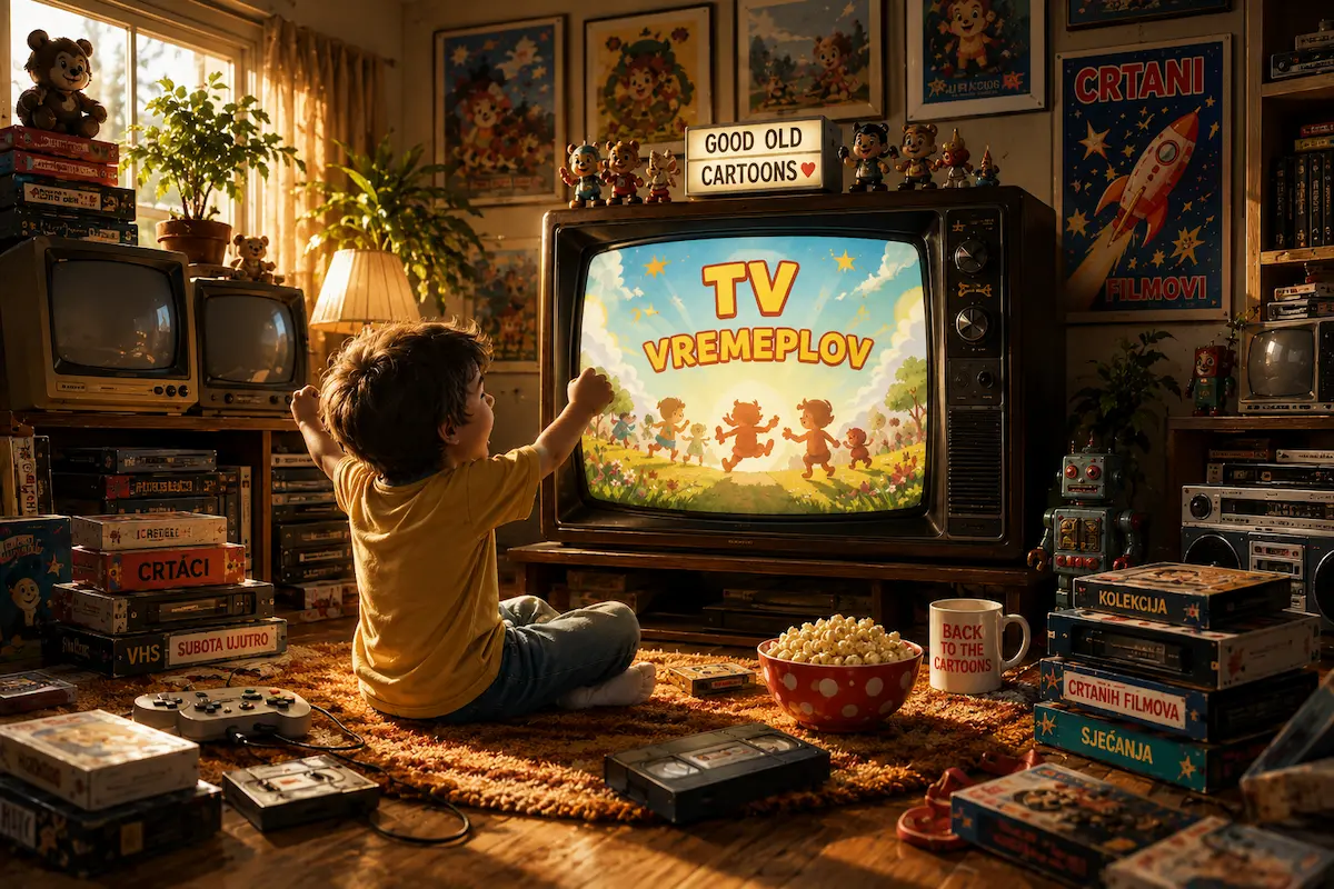 Retro soba sa CRT televizorom, starim crtaćima i TV Vremeplov atmosferom detinjstva