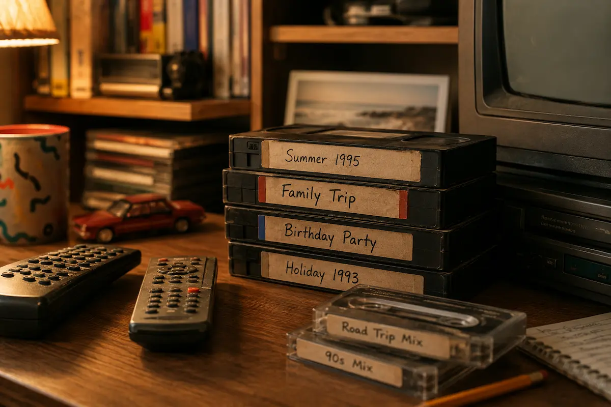 VHS kasete, audio kasete, daljinci i retro detalji u nostalgičnoj sobi