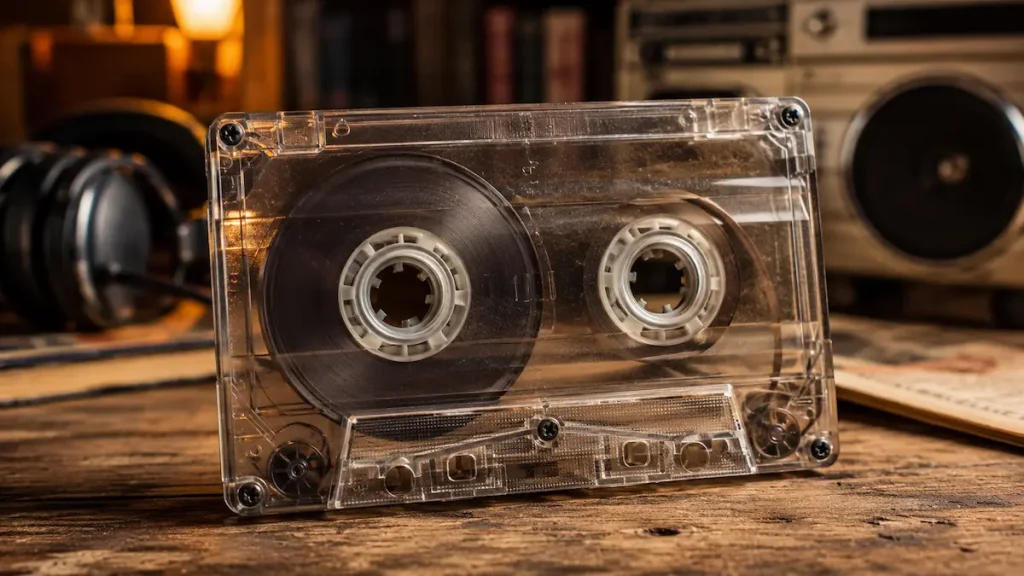 Close-up of a vintage cassette tape on a wooden surface, capturing the lost era of music, games, and memories on tape