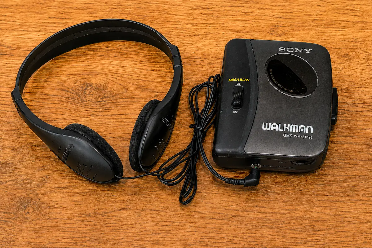 Walkman kasetofon sa slušalicama na drvenoj površini kao simbol slušanja muzike na kasetama