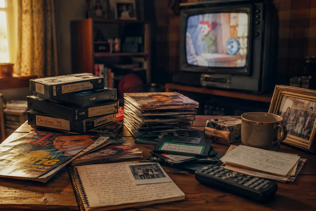 Retro childhood memories with VHS tapes, CDs, floppy disks, old remote and CRT television