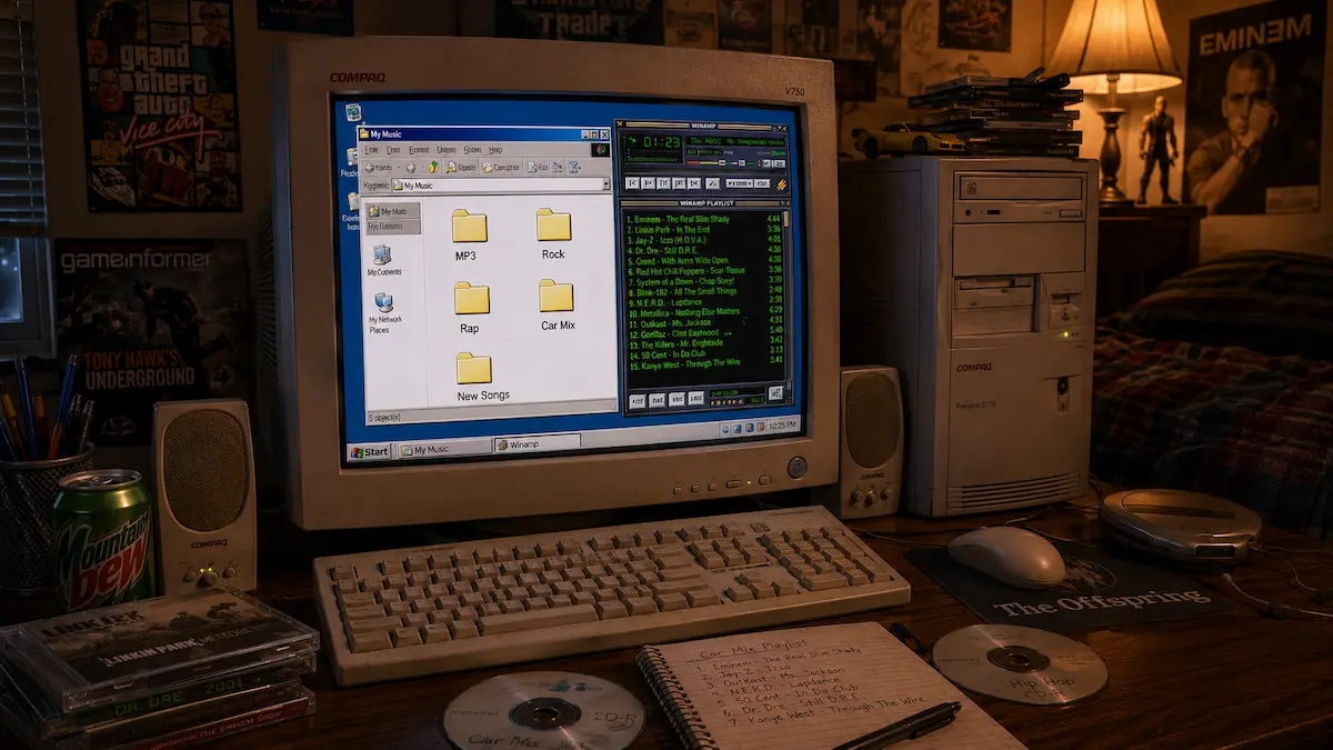 Winamp plejlista i MP3 folderi na retro računaru iz ranih 2000-ih