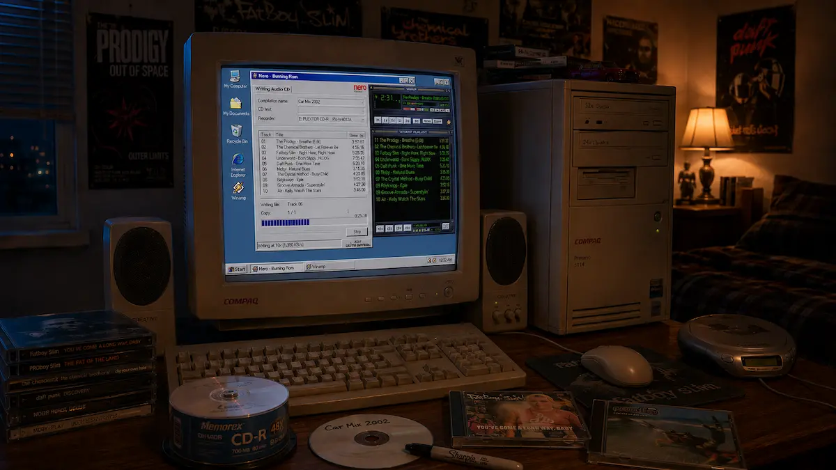 Winamp plejlista i Nero Burning ROM tokom rezanja CD-a na retro računaru