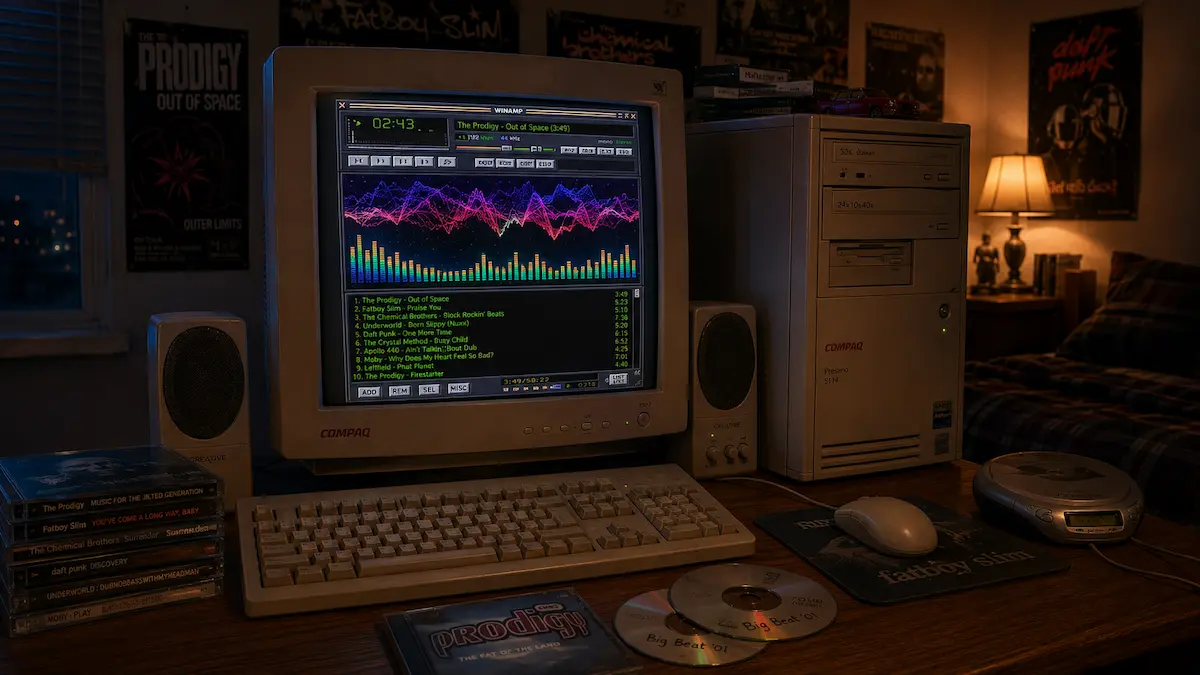 Winamp visualizations playing on a CRT monitor in an early 2000s bedroom