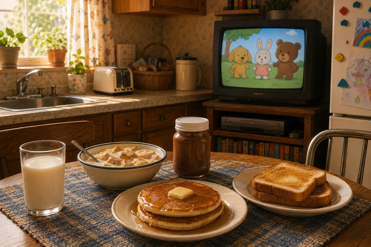 Foods we made in the 90s for breakfast with bread in milk, pancakes, toast, milk and an old TV