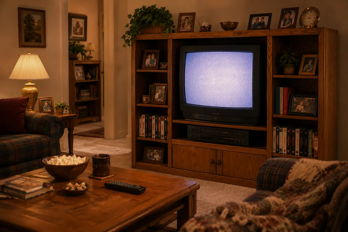 90s CRT TV in a wooden entertainment center with VHS tapes, VCR, remote control, popcorn, and warm living room lighting