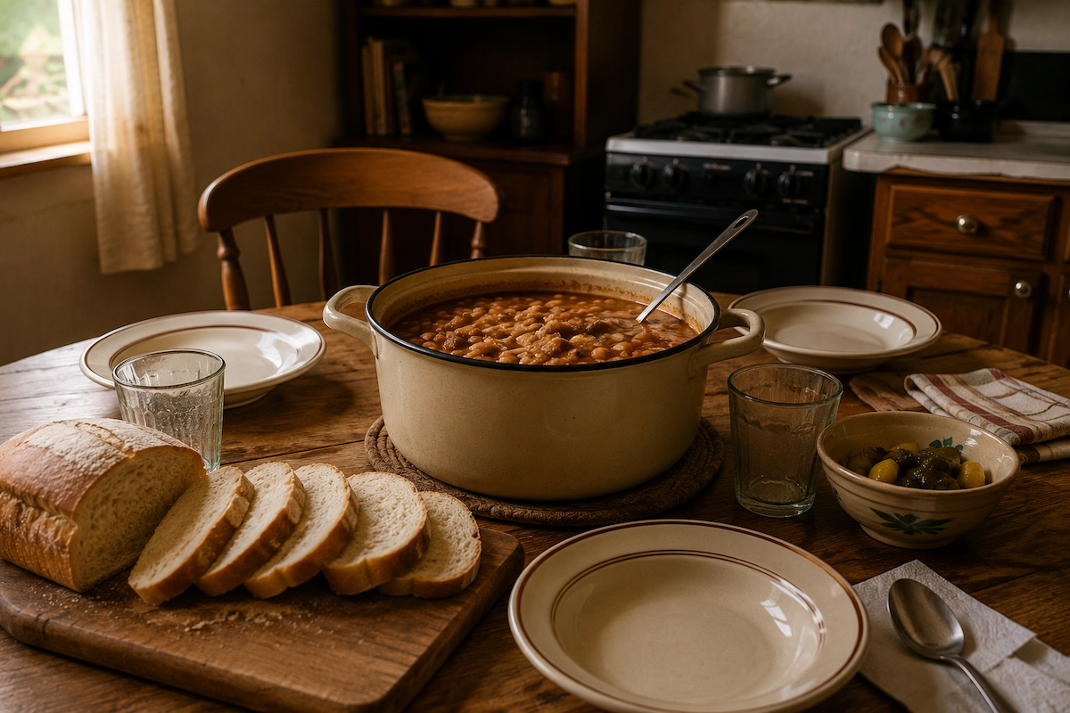 Nostalgic 1990s family dinner with beans, stew, sliced bread, simple plates and warm kitchen light