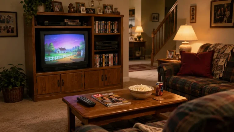 Cozy 90s living room with a CRT TV, VHS tapes, couch, coffee table, popcorn, and warm family room lighting before streaming