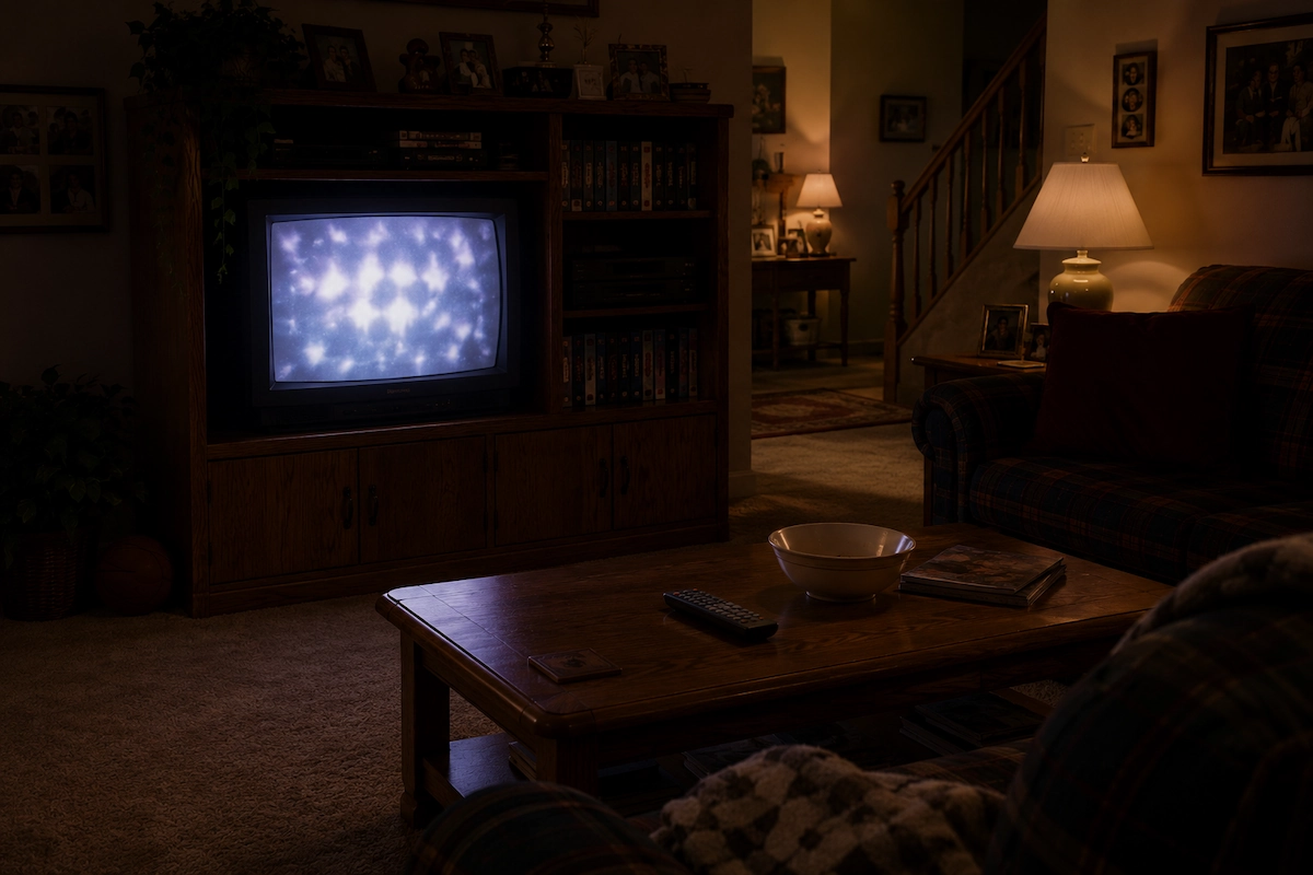 Cozy 90s living room at night with CRT TV glow, couch, blanket, empty popcorn bowl, and remote control on the coffee table