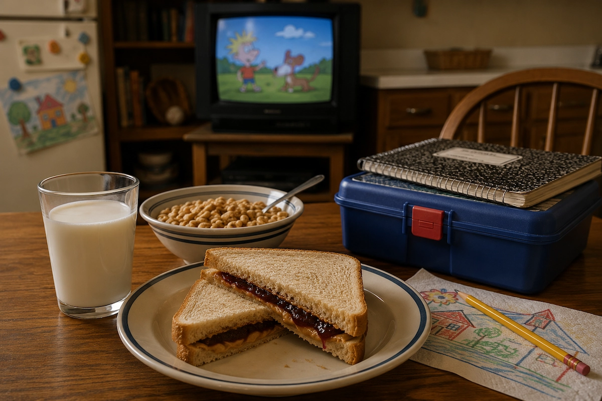 1990s school lunch with peanut butter and jelly sandwich, milk, cereal, lunchbox and old TV