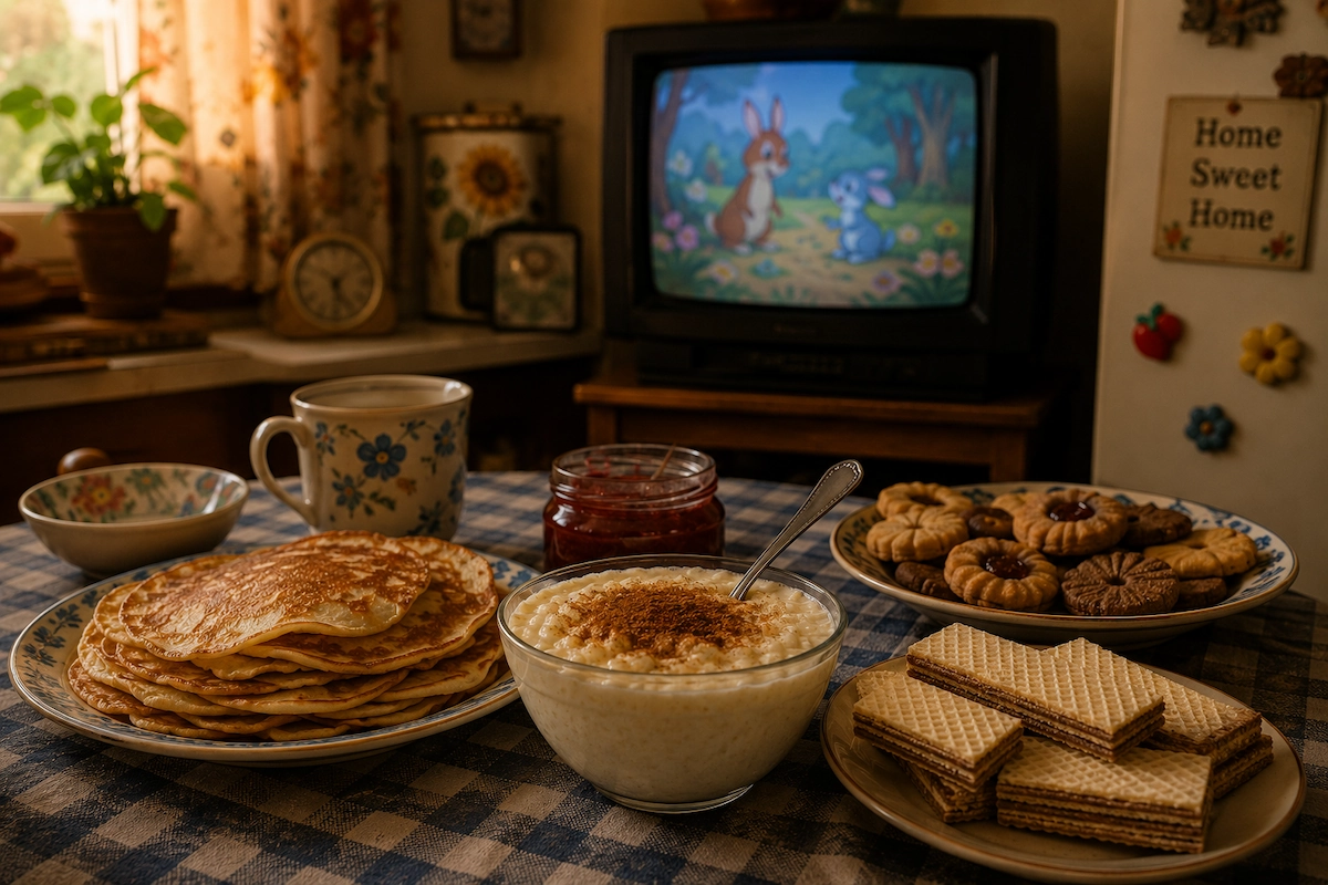 1990s sweets table with pancakes, rice pudding, cookies, wafers, jam and old TV