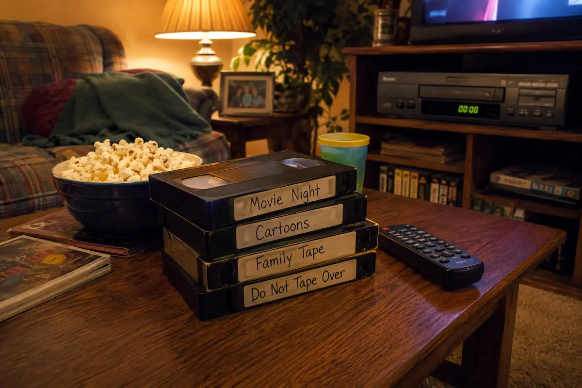 VHS tapes, VCR, popcorn, and remote control on a 90s coffee table during family movie night