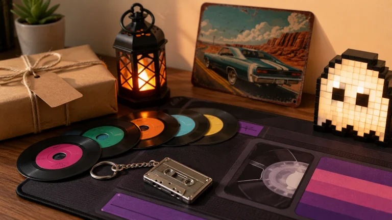 Affordable retro gifts with cassette accessories, vinyl coasters and nostalgic desk decor