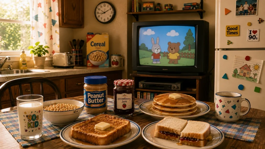 American 90s kitchen table with pancakes, cereal, peanut butter and jelly, milk and an old TV in the background