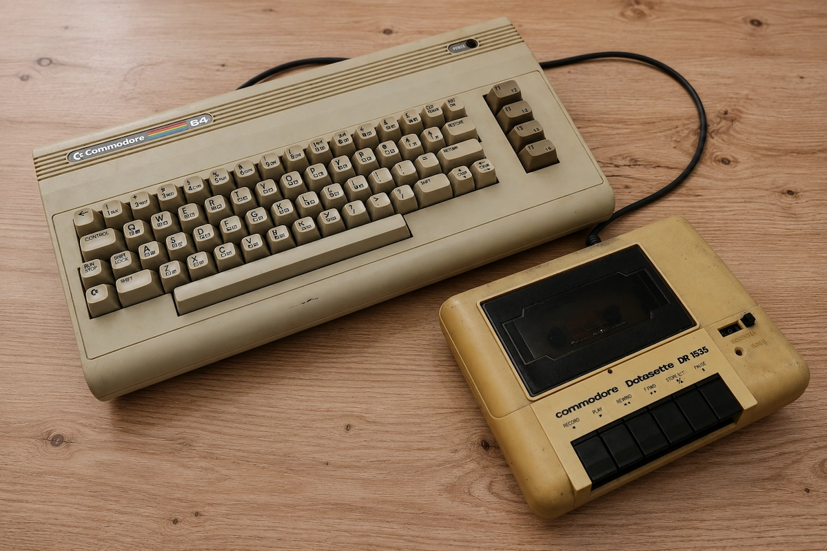 Commodore 64 sa Datasette kasetofonom na drvenom stolu