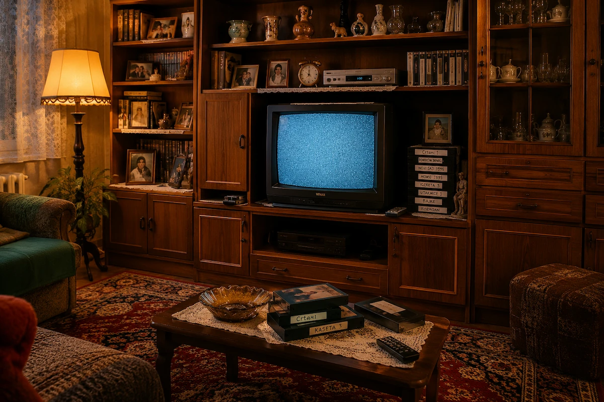 Dnevna soba 90-ih sa starim CRT televizorom u drvenom regalu, VHS kasetama i video-rekorderom