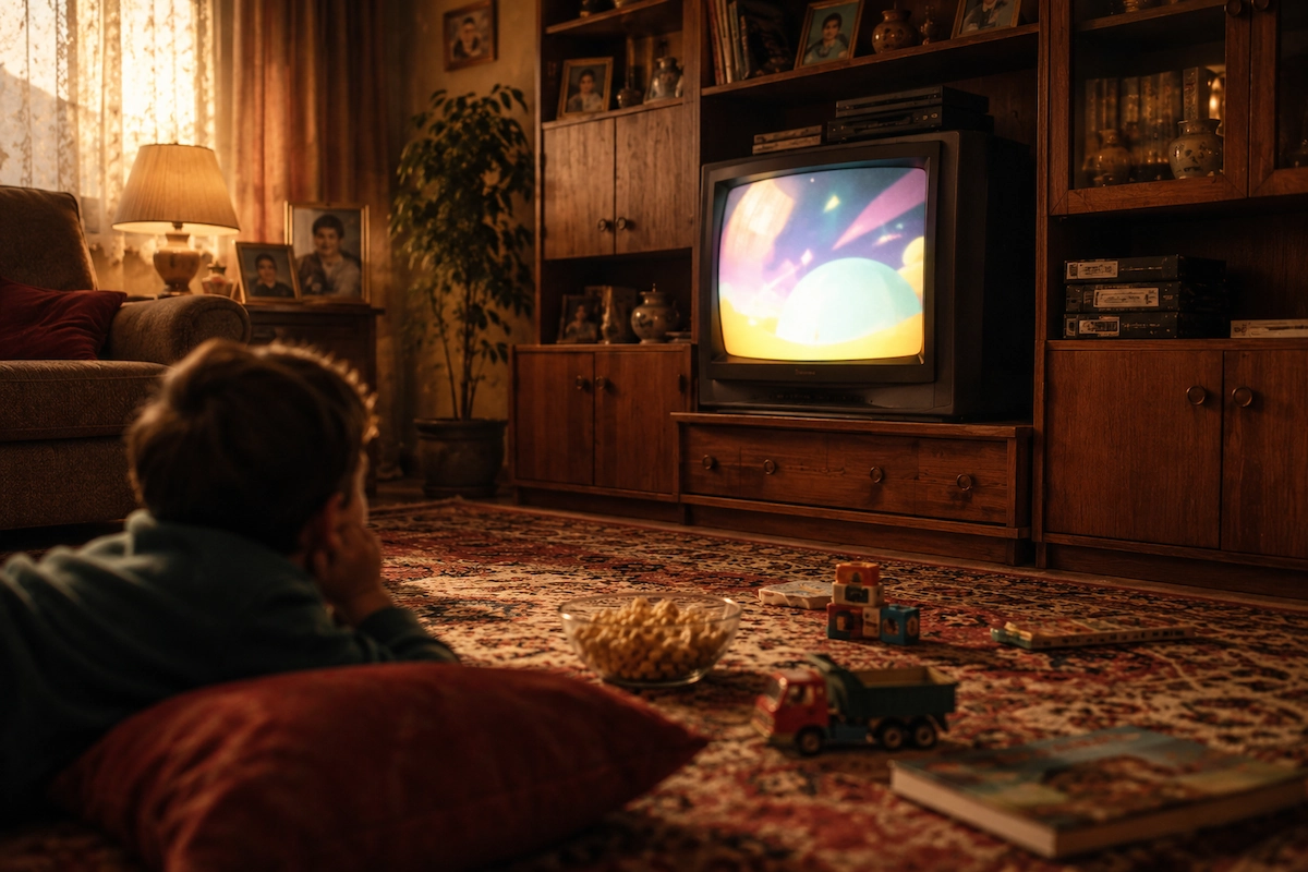 Dete gleda crtani film u dnevnoj sobi 90-ih sa starim televizorom, tepihom, igračkama i grickalicama