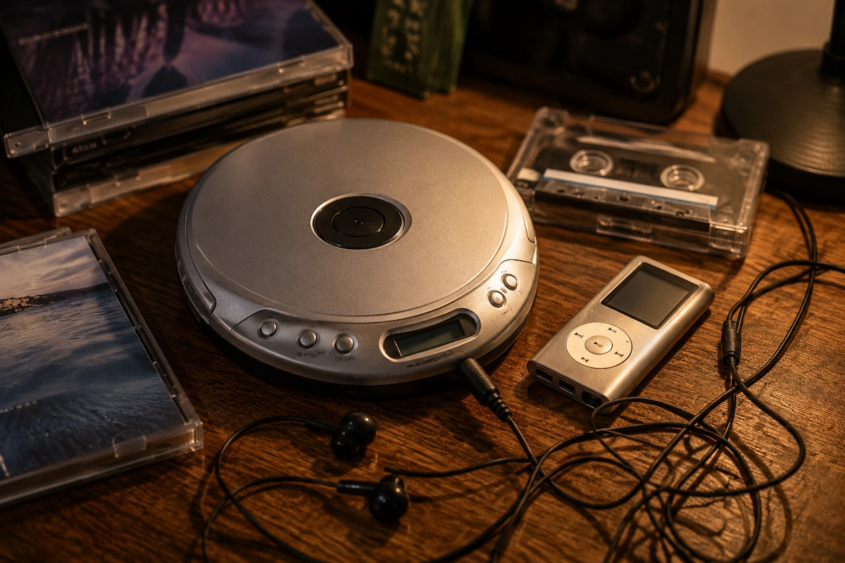 Discman, MP3 plejer, žične slušalice, CD kutije i kaseta na drvenom stolu