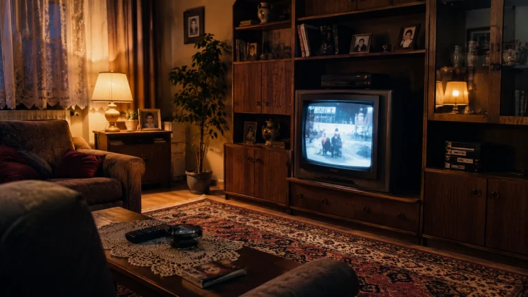 Dnevna soba 90-ih sa CRT televizorom u regalu, VHS kasetama, tepihom i toplim večernjim svetlom
