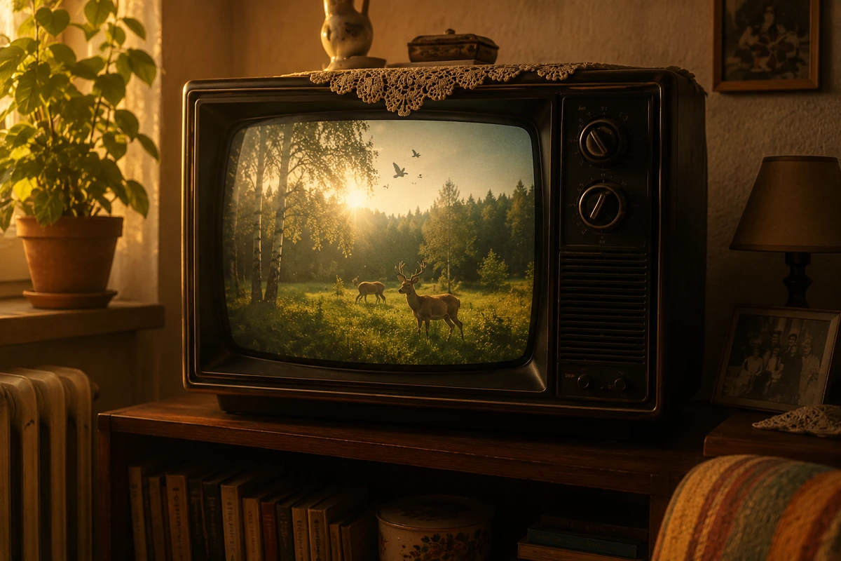 Survival wildlife series nature scene with deer on a vintage CRT television