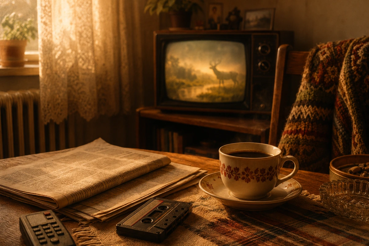 Emisija Opstanak na televizoru uz šolju kafe, stare novine i kasetu