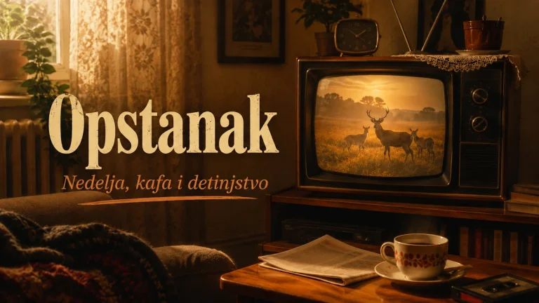 Stari televizor sa prizorom prirode u nostalgičnoj dnevnoj sobi uz šolju kafe
