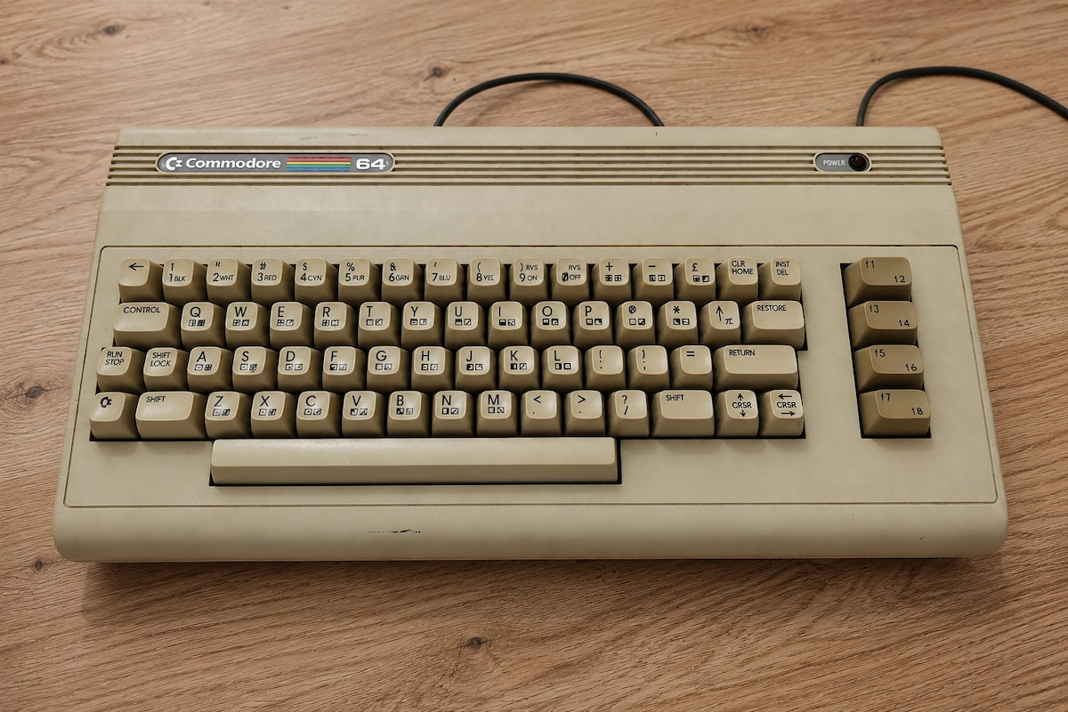 Originalni Commodore 64 računar iz osamdesetih na drvenom stolu