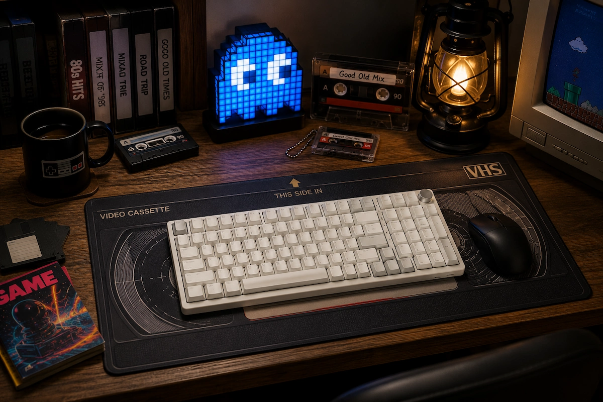 Affordable retro gifts under $25 for a gaming desk with a VHS mat and white keyboard