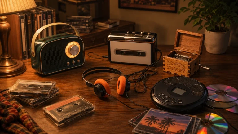 Retro gifts for music lovers with a radio, cassette player, CD player and headphones