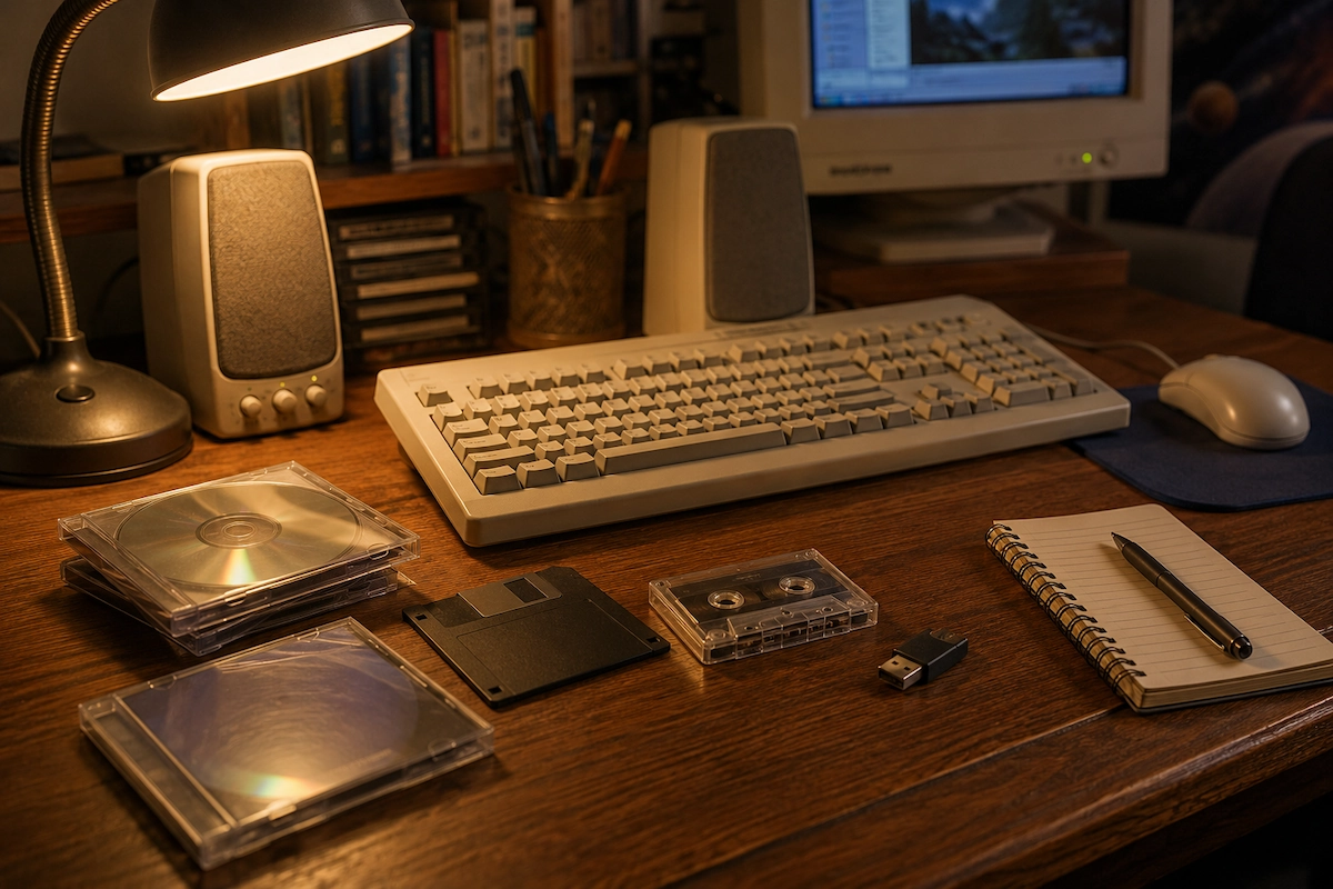 Kompjuterski sto iz 2000-ih sa klasičnom tastaturom, mišem, zvučnicima, CD-ovima, disketom i USB memorijom