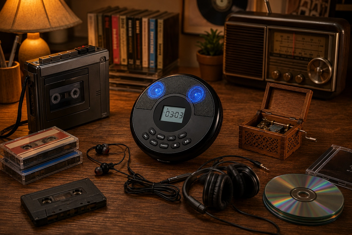 Retro music corner with a cassette player, portable CD player, radio and headphones