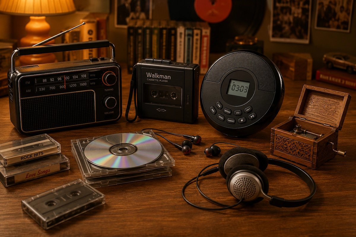 Retro muzički pokloni uz radio, kasetofon, CD plejer, kasete i slušalice