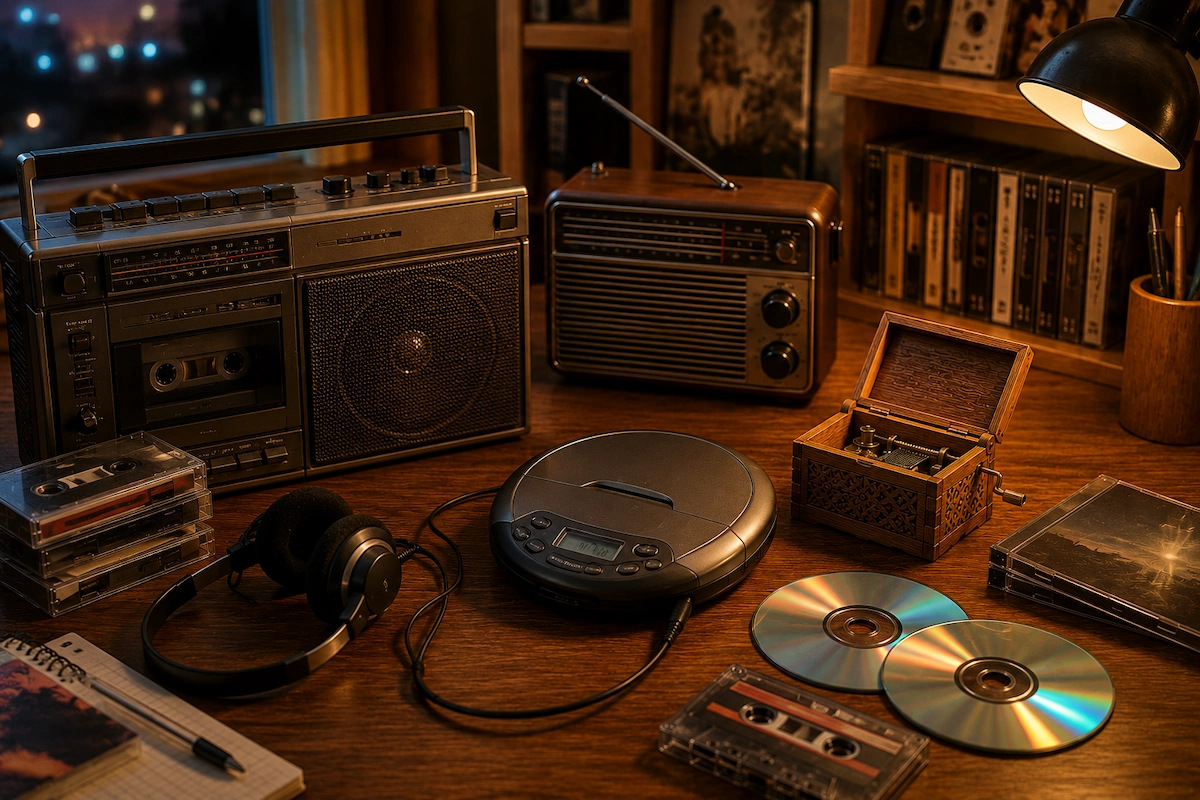 Retro muzički pokloni uz radio, kasetofon, CD plejer, kasete i slušalice