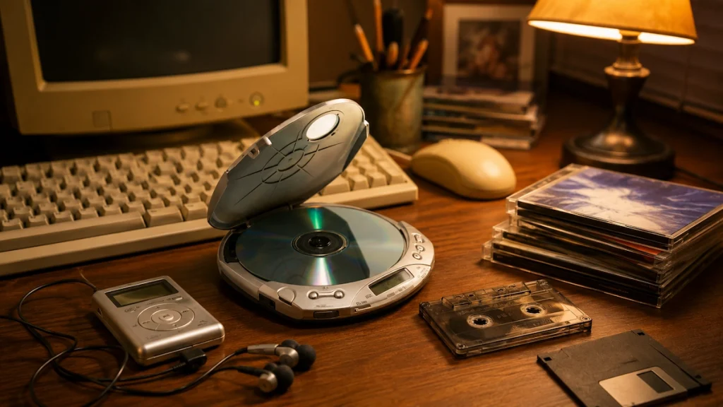 Retro tech gadgets from the 90s and 2000s with a Discman, MP3 player, CDs, cassette tape and floppy disk on a wooden desk