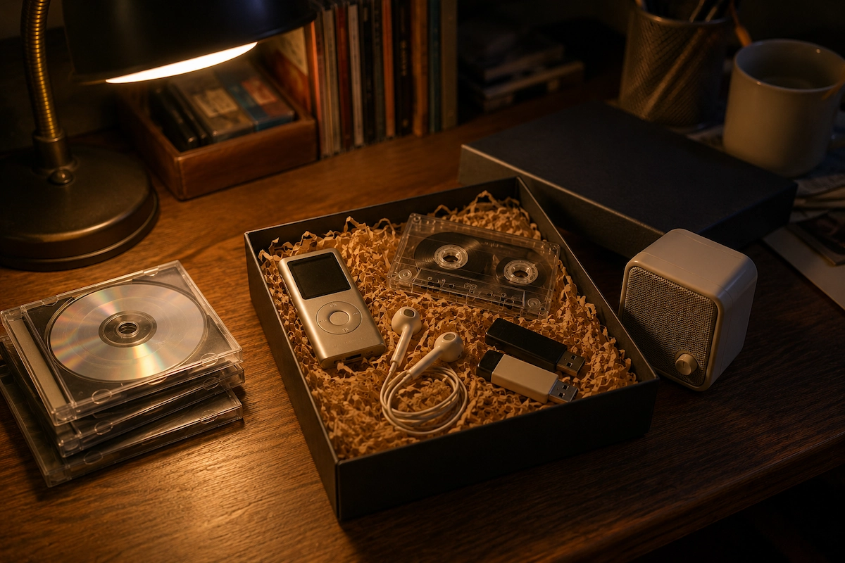 Retro tech gift set with USB drives, MP3 player, wired earphones, cassette tape, CDs and mini speaker on a wooden desk
