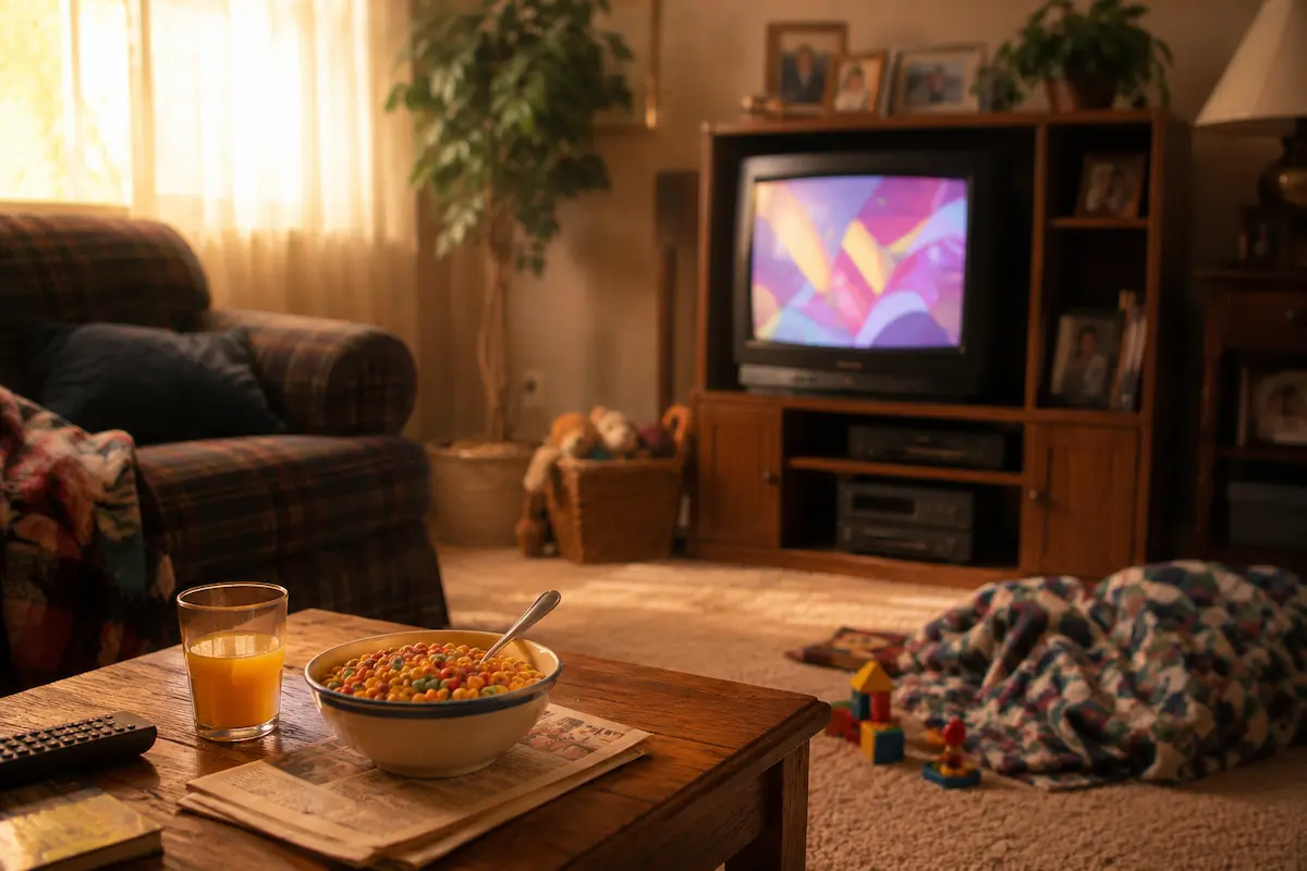 Saturday morning in a 90s living room with cereal, carpet, couch, CRT TV glow, and cozy cartoon nostalgia