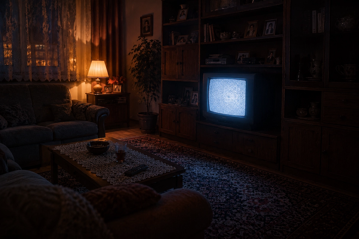 Polumračna retro soba sa CRT televizorom koji svetli, kaučem, tepihom i daljinskim upravljačem