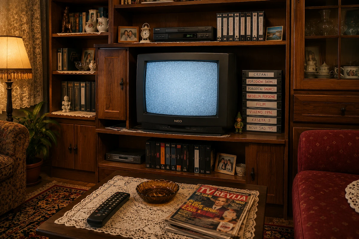 VHS kasete i video-rekorder u dnevnoj sobi 90-ih sa daljinskim upravljačem i retro atmosferom