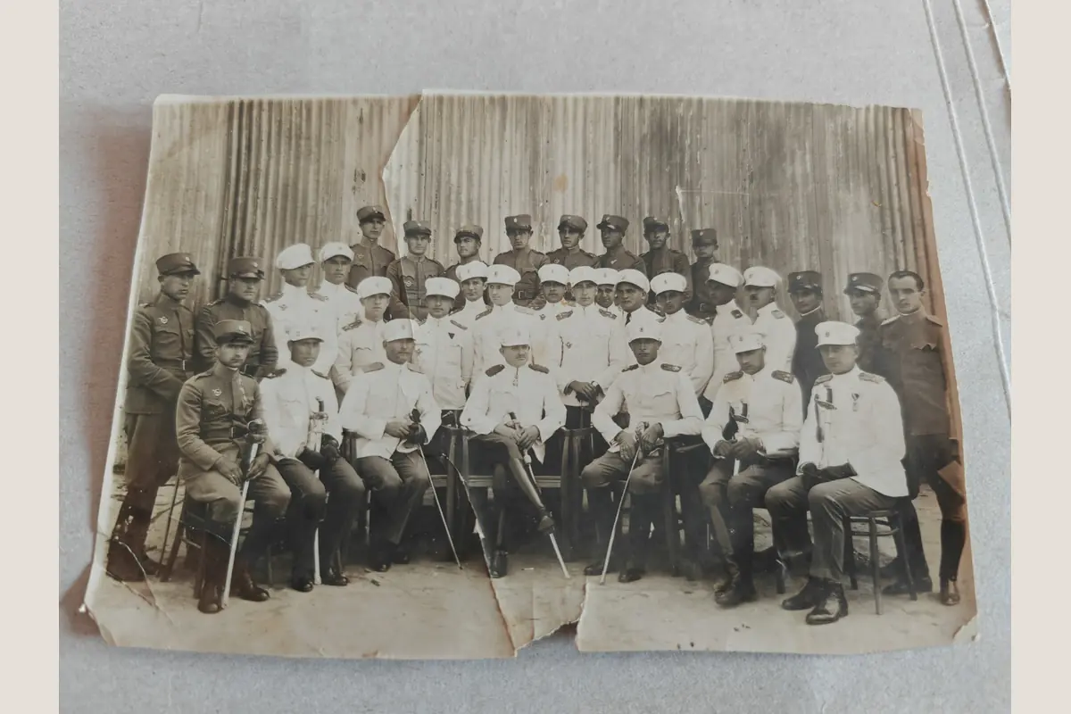 Budimir Bosiljčić in the back row wearing a dark uniform in a military group photograph