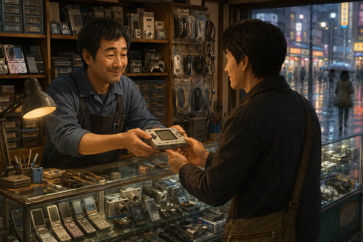 Original illustration of a customer receiving a repaired handheld device in a 2000s electronics shop