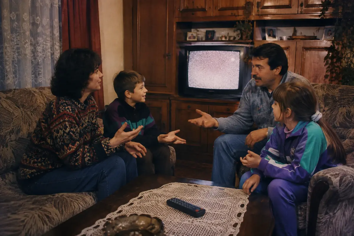 Family choosing which TV channel to watch in the 1990s