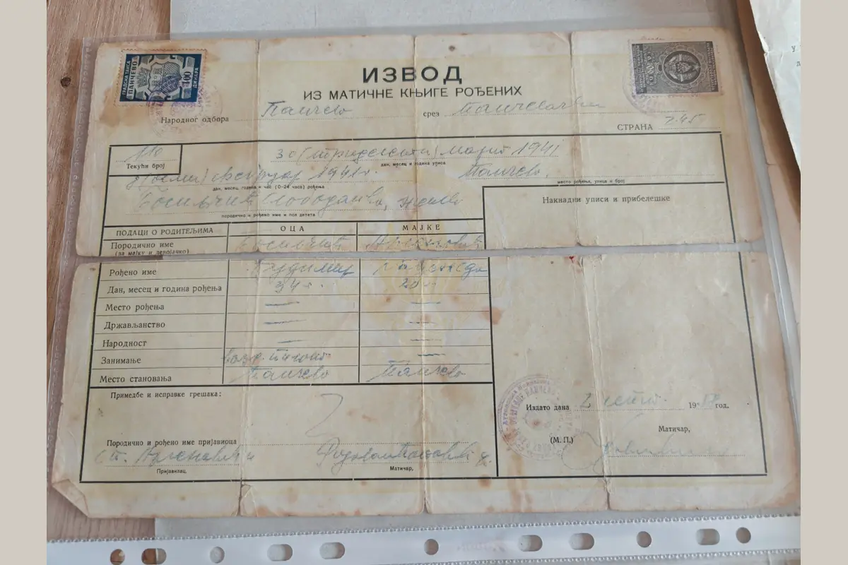 Извод из матичне књиге рођених Слободанке Босиљчић из 1941. године